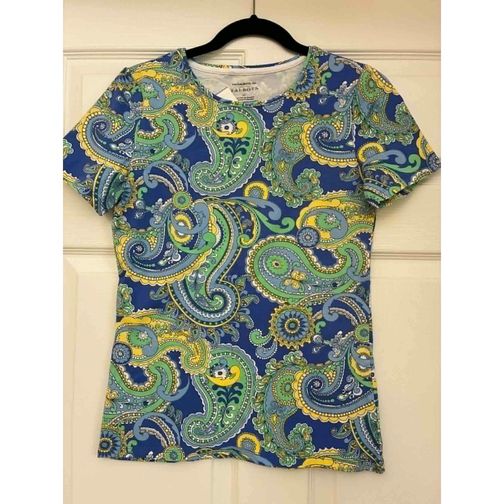 Talbots Paisley Tee XS Blue Green Yellow Short Sleeve Cotton Stretch Top